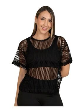Black Open-Knit Mesh Short Sleeve Tee - Layering Top